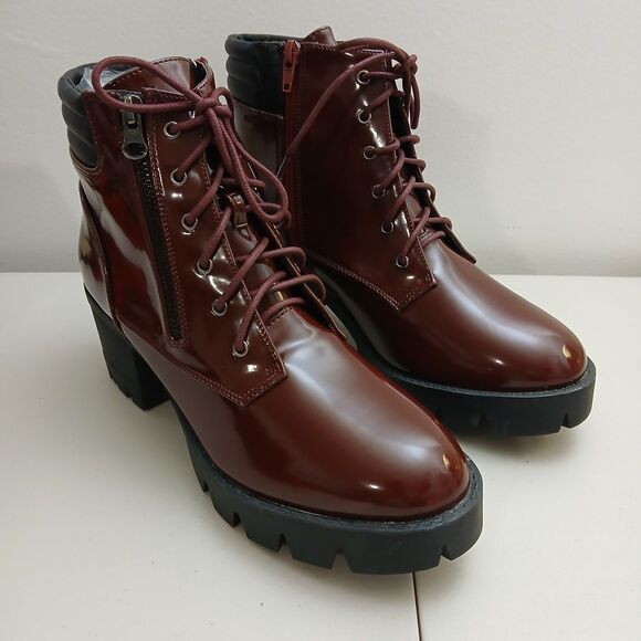 Allegra K Burgundy Patent Lace-Up Combat Boots Block Heel Lug Sole Size 10 - Picture 1 of 16